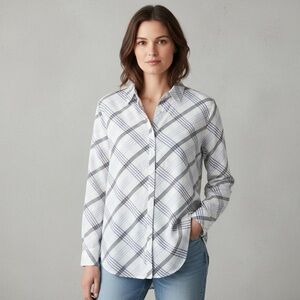 LOFT Plaid Button-Down Shirt White Blue Classic Casual Business office - Size XL